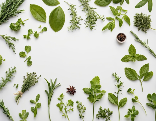 Vue supérieure de la collection d'herbes variées sur un fond blanc