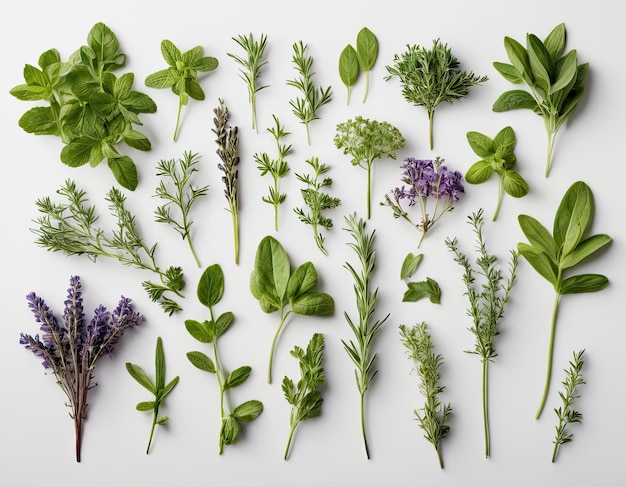 Vue supérieure de la collection d'herbes variées sur un fond blanc