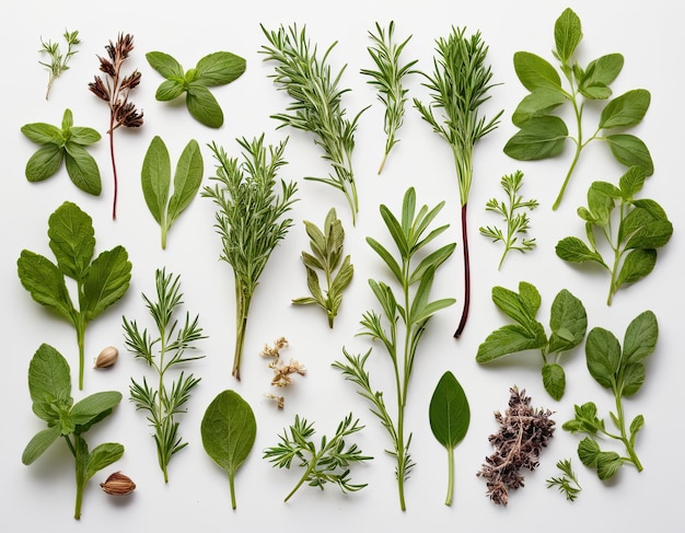 Vue supérieure de la collection d'herbes variées sur un fond blanc