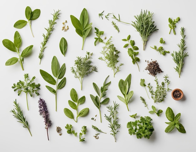 Vue supérieure de la collection d'herbes variées sur un fond blanc