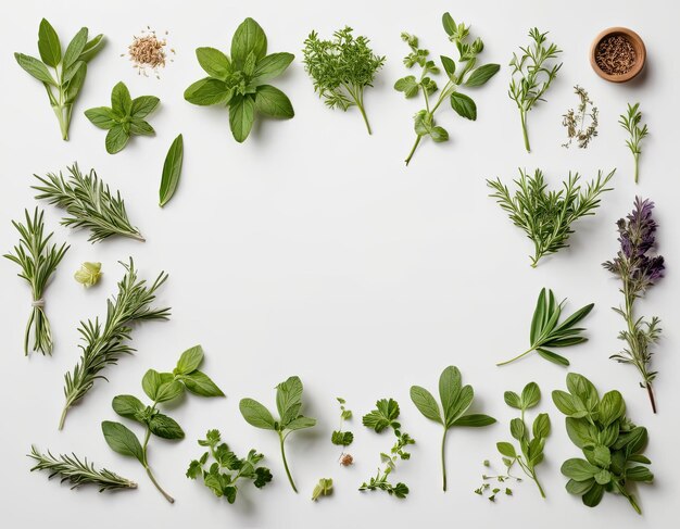 Vue supérieure de la collection d'herbes variées sur un fond blanc