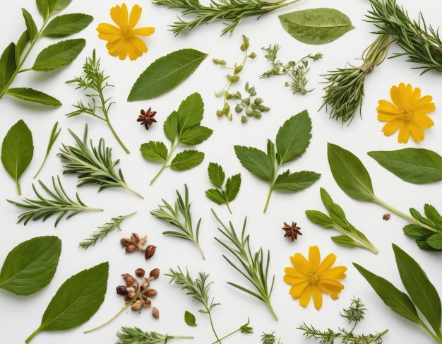 Vue supérieure de la collection d'herbes variées sur un fond blanc