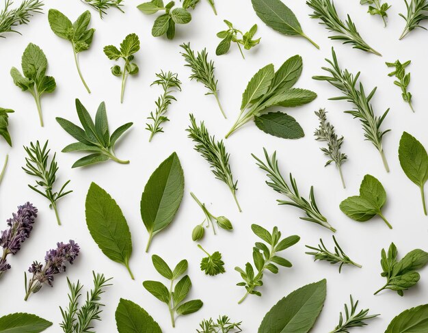 Photo vue supérieure de la collection d'herbes variées sur un fond blanc