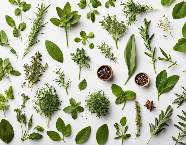 Vue supérieure de la collection d'herbes variées sur un fond blanc