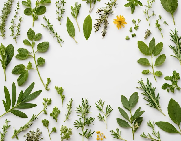 Vue supérieure de la collection d'herbes variées sur un fond blanc