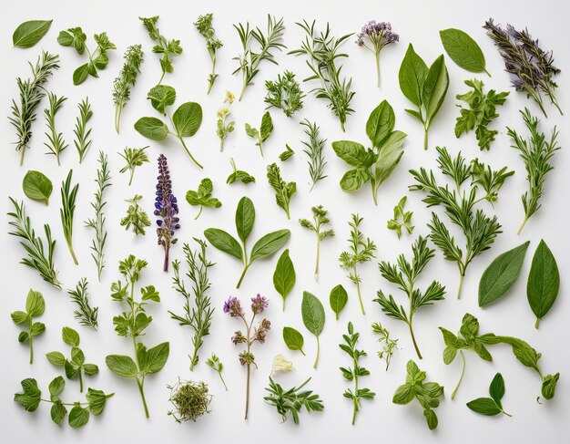 Photo vue supérieure de la collection d'herbes variées sur un fond blanc