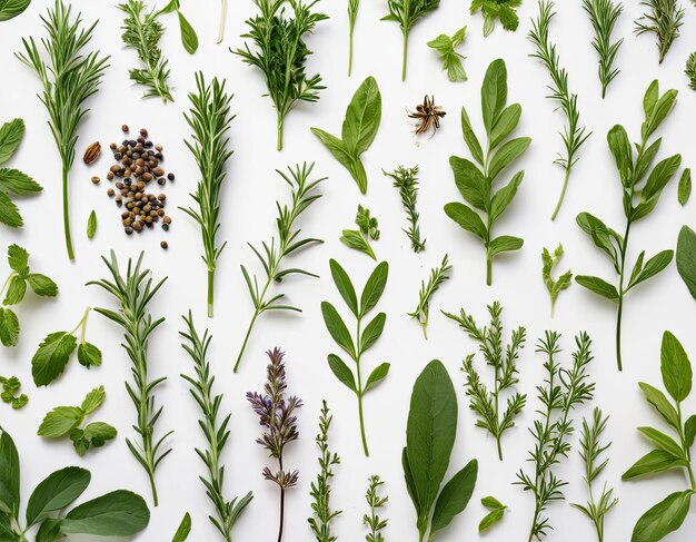 Photo vue supérieure de la collection d'herbes variées sur un fond blanc