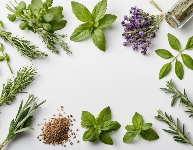 Vue supérieure de la collection d'herbes variées sur un fond blanc