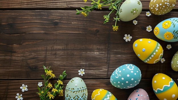 vue supérieure des décorations d'œufs de Pâques sur une table en bois posée à plat