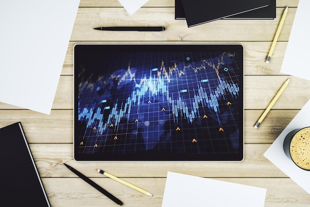 Vue supérieure d'un diagramme financier créatif abstrait avec une carte du monde sur un écran de tablette numérique moderne concept bancaire et comptable 3D Rendering