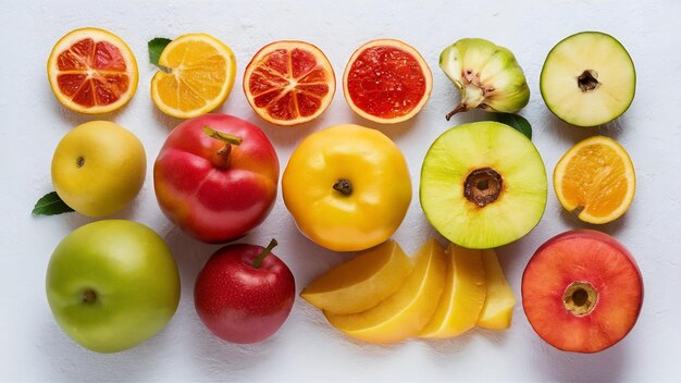 Photo vue supérieure de différentes compositions de fruits tranchés et de fruits frais entiers sur un arrière-plan blanc