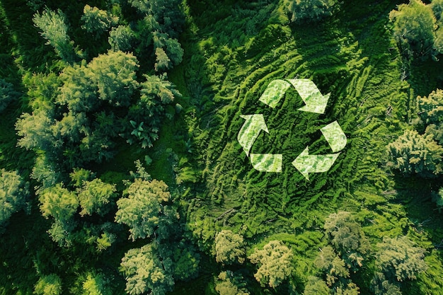 vue supérieure du champ vert avec le symbole de recyclage