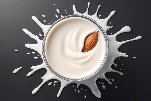 Photo vue supérieure du lait d'amande dans une tasse en verre avec effet d'éclaboussure dans l'illustration 3d