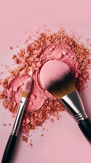 Vue supérieure du pinceau de maquillage et de la poudre rose pour le visage