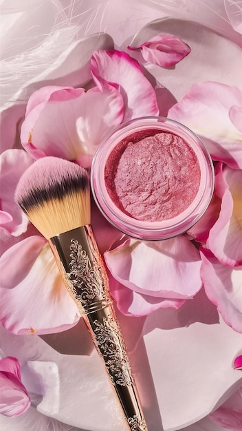 Vue supérieure du pinceau de maquillage et de la poudre rose pour le visage