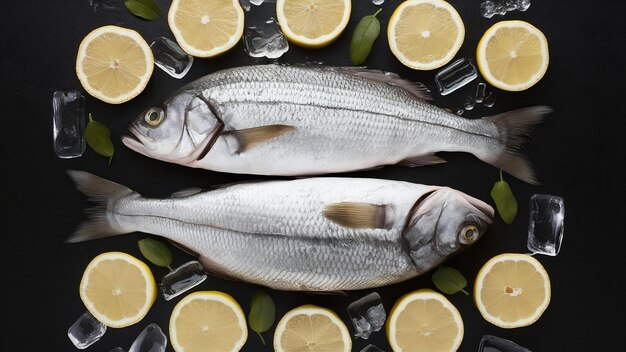 Photo vue supérieure du poisson frais divisé en deux parties avec des tranches de citron vert sur de la glace sur fond noir