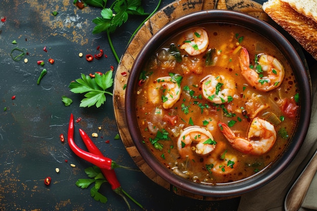 Vue supérieure du poisson et des fruits de mer créole Cajun Gumbo Chowder ragoût dans une casserole avec espace de copie