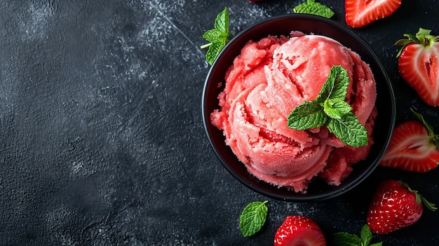 Vue supérieure du sorbet de fraise avec des fraises qui l'entourent avec un espace de copie IA générative