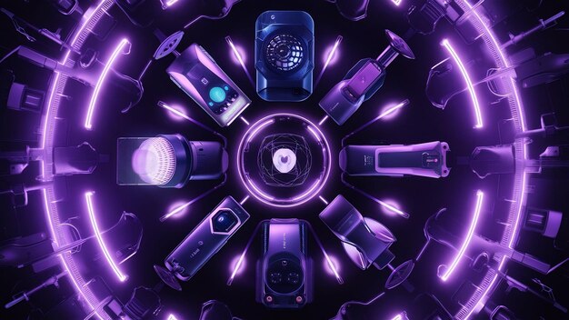 Photo vue supérieure de l'ensemble de gadgets en lumière néon violette et bleue