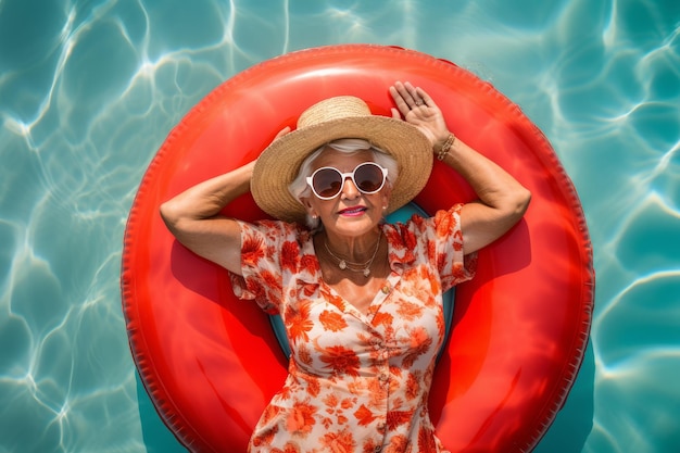 Vue supérieure d'une femme âgée aux cheveux gris en robe d'été, lunettes de soleil et chapeau de paille se détendant sur un matelas à anneau gonflable rouge tout en nageant dans la piscine pendant les vacances