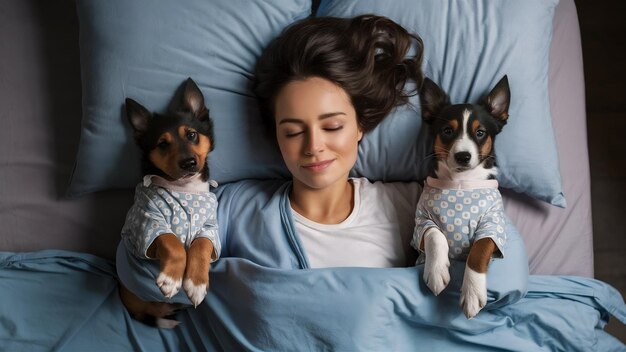 Vue supérieure d'une femme relaxée endormie qui fait une sieste saine dans le lit avec deux chiots habillés en nightwe