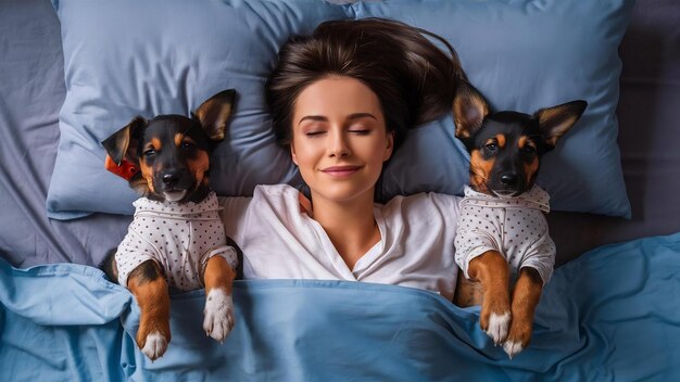 Photo vue supérieure d'une femme relaxée endormie qui fait une sieste saine dans le lit avec deux chiots habillés en nightwe