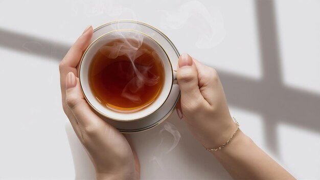 Photo vue supérieure femme tenant une tasse de thé de près