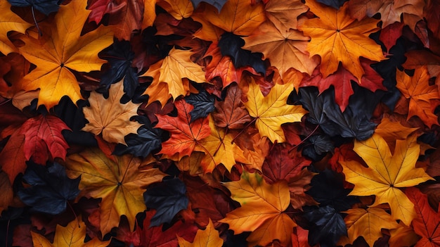 Vue supérieure des feuilles rouge orange et jaune en arrière-plan des feuilles tombées à l'automne