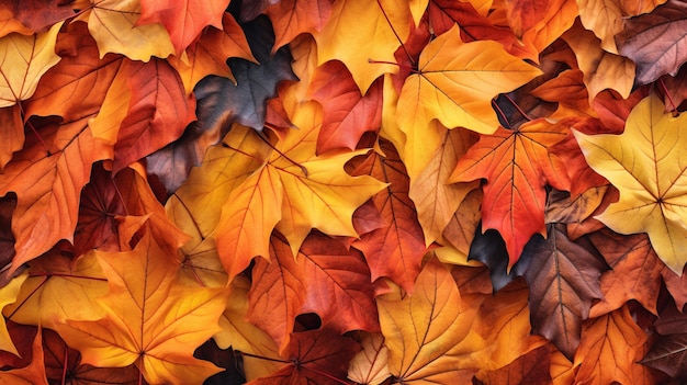 Vue supérieure des feuilles rouge orange et jaune en arrière-plan des feuilles tombées à l'automne