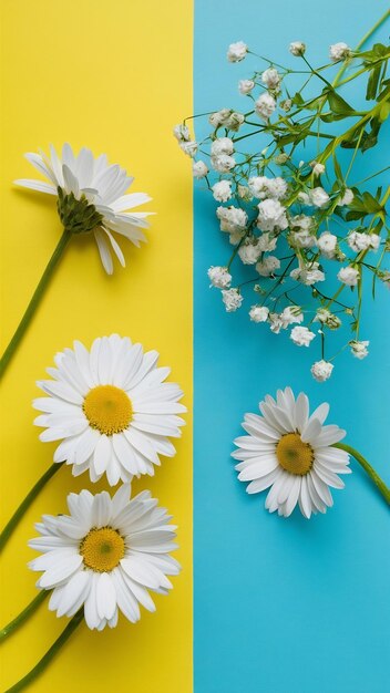 Vue supérieure de fleurs de marguerites blanches et de fleurs d'haleine de bébés sur un double fond