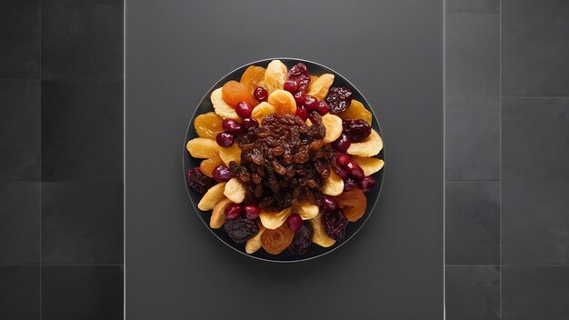 Photo vue supérieure des fruits secs avec des raisins secs à l'intérieur de l'assiette sur un espace gris foncé