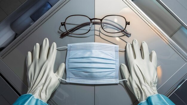 Vue supérieure gants médicaux avec masque et lunettes horizontales