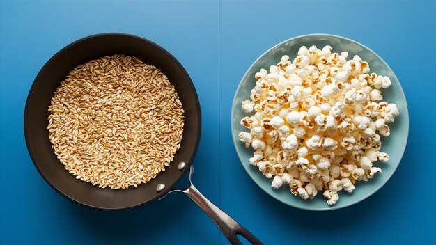 Photo vue supérieure de graines de pop-corn dans une casserole en métal noir à gauche et préparées à droite sur un horizon de fond bleu