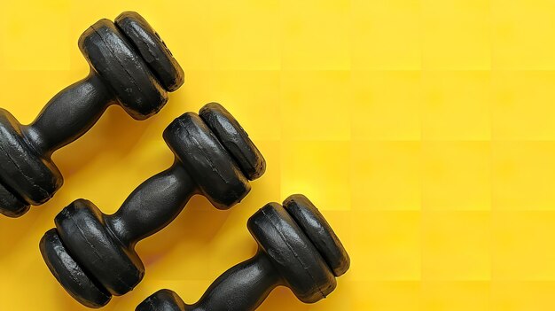 Vue supérieure de grands boules de gym sur surface jaune avec un grand espace vide pour le texte IA générative