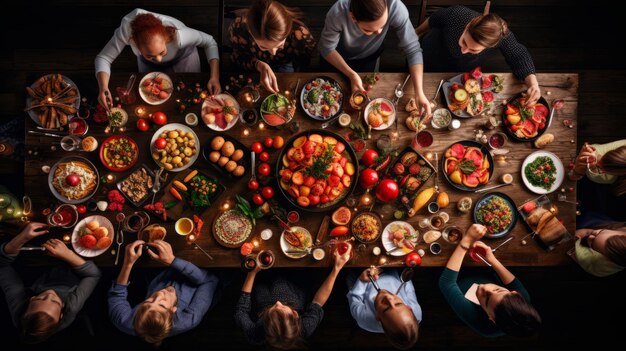 Vue supérieure d'un groupe de personnes dînant ensemble assises à une table en bois