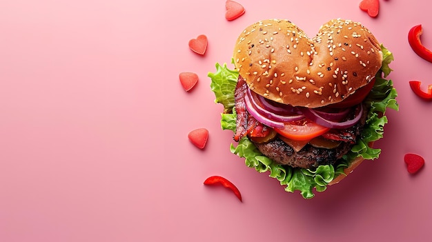 Vue supérieure d'un hamburger en forme de cœur sur un fond rose avec de l'espace pour le texte ou le produit IA générative