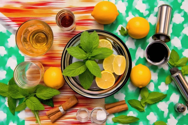 Photo vue supérieure des ingrédients du mojito sur une nappe colorée créée avec l'ia générative