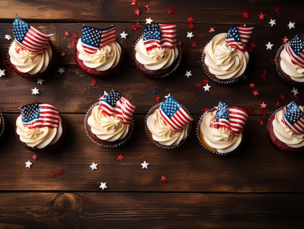 Vue supérieure luxueuse des cupcakes avec espace de copie et drapeaux américains