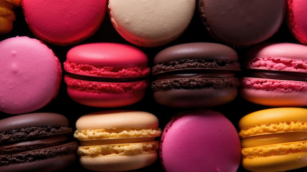 Vue supérieure des macarons dans des couleurs pastel douces Des biscuits d'amande colorés Illustration générative d'IA