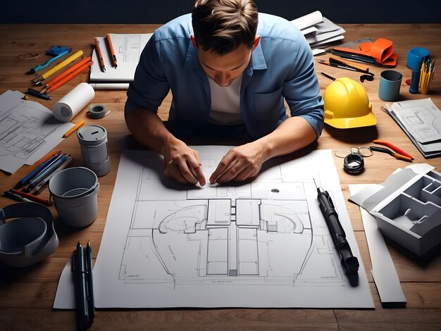 Photo vue supérieure des mains de l'homme ou de l'ingénierie avec le processus de construction du plan ou l'illustration de la conception