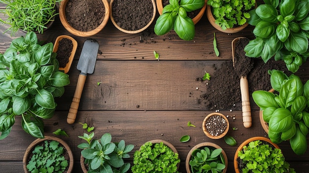 Vue supérieure des outils de jardinage, du sol et des plantes sur une table en bois, espace pour le texte