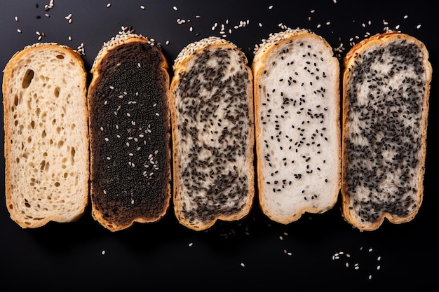 Vue supérieure de pains de grain français tranchés avec de l'isolat de sésame blanc et noir