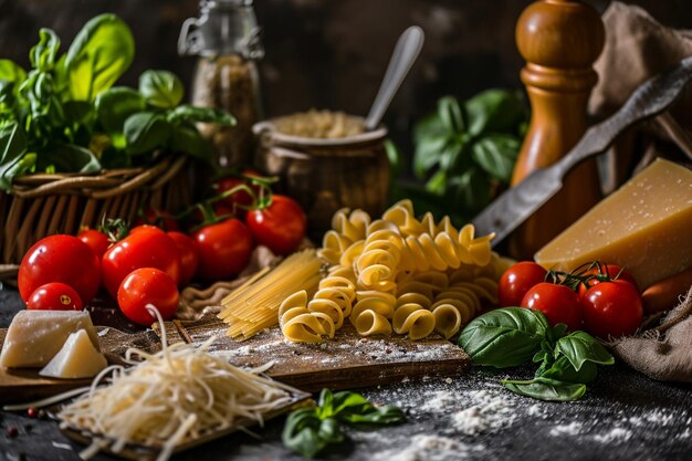 Vue supérieure des pâtes italiennes crues avec des oignons sur fond sombre pâtes pâte repas