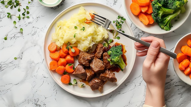 Photo vue supérieure d'une personne non reconnue mangeant un repas irlandais avec des carottes de bœuf avec un grand espace sur le bureau pour le texte ou la publicité du produit ia générative