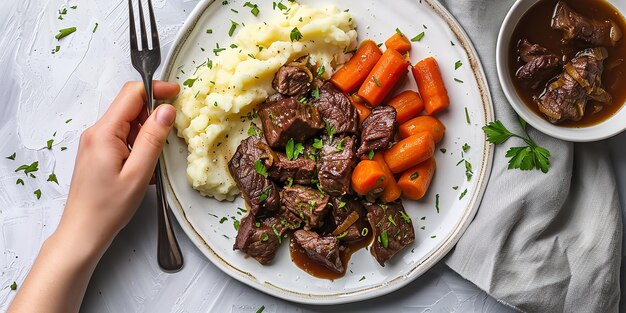 Photo vue supérieure d'une personne non reconnue mangeant un repas irlandais avec des carottes de bœuf avec un grand espace sur le bureau pour le texte ou la publicité du produit ia générative