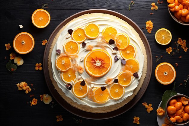 Vue supérieure d'un petit gâteau crémeux avec des fruits tranchés sur une surface sombre