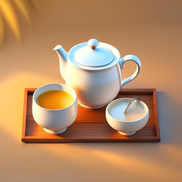 Vue supérieure d'une petite théière en céramique blanche magnifique, deux bougies de thé sur un plateau en bois brun sur une créa