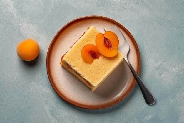 Vue supérieure petite tranche de gâteau avec des abricots à l'intérieur de l'assiette