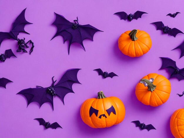 Vue supérieure photo des décorations d'Halloween chauves-souris araignées toile bonbons maïs chats citrouilles silhouettes volantes