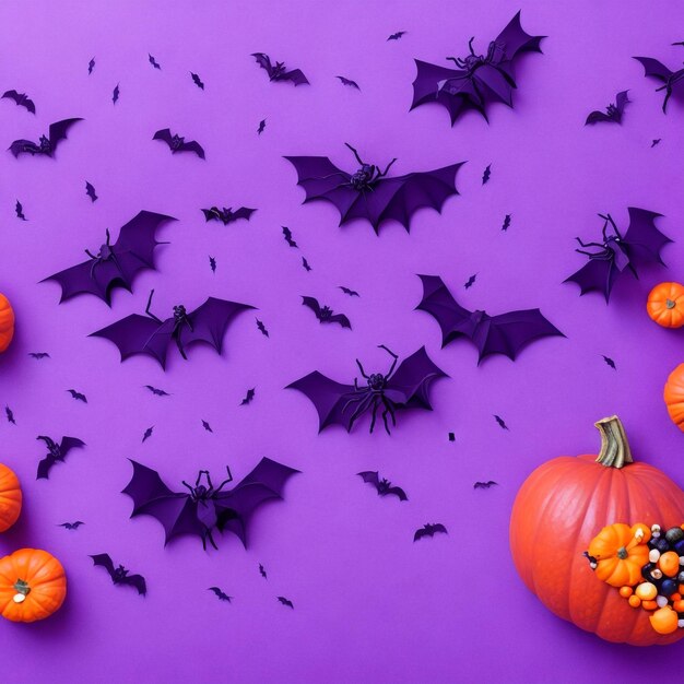 Vue supérieure photo des décorations d'Halloween chauves-souris araignées toile bonbons maïs chats citrouilles silhouettes volantes